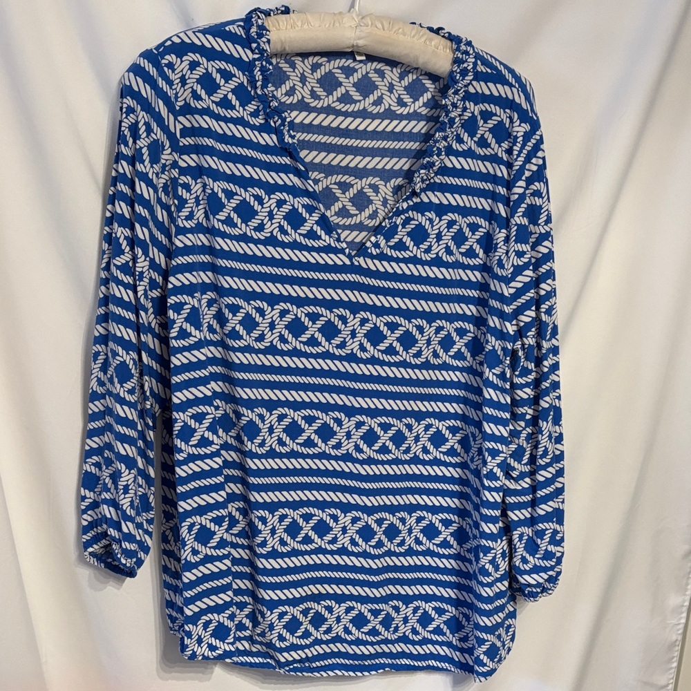 Crown & Ivy Nautical Beachy Blue and White  Blouse SZ XL
